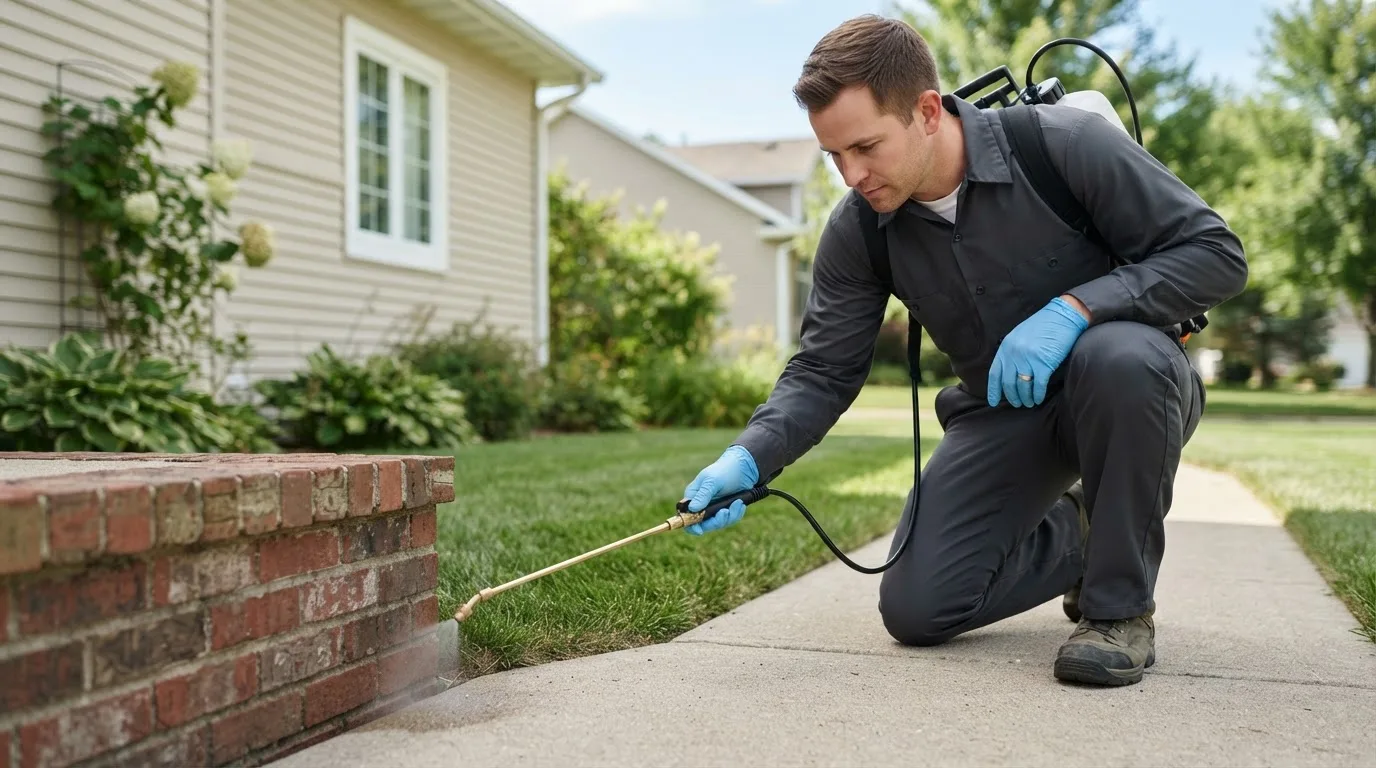 Pest control technician treating a home near North Dighton, MA